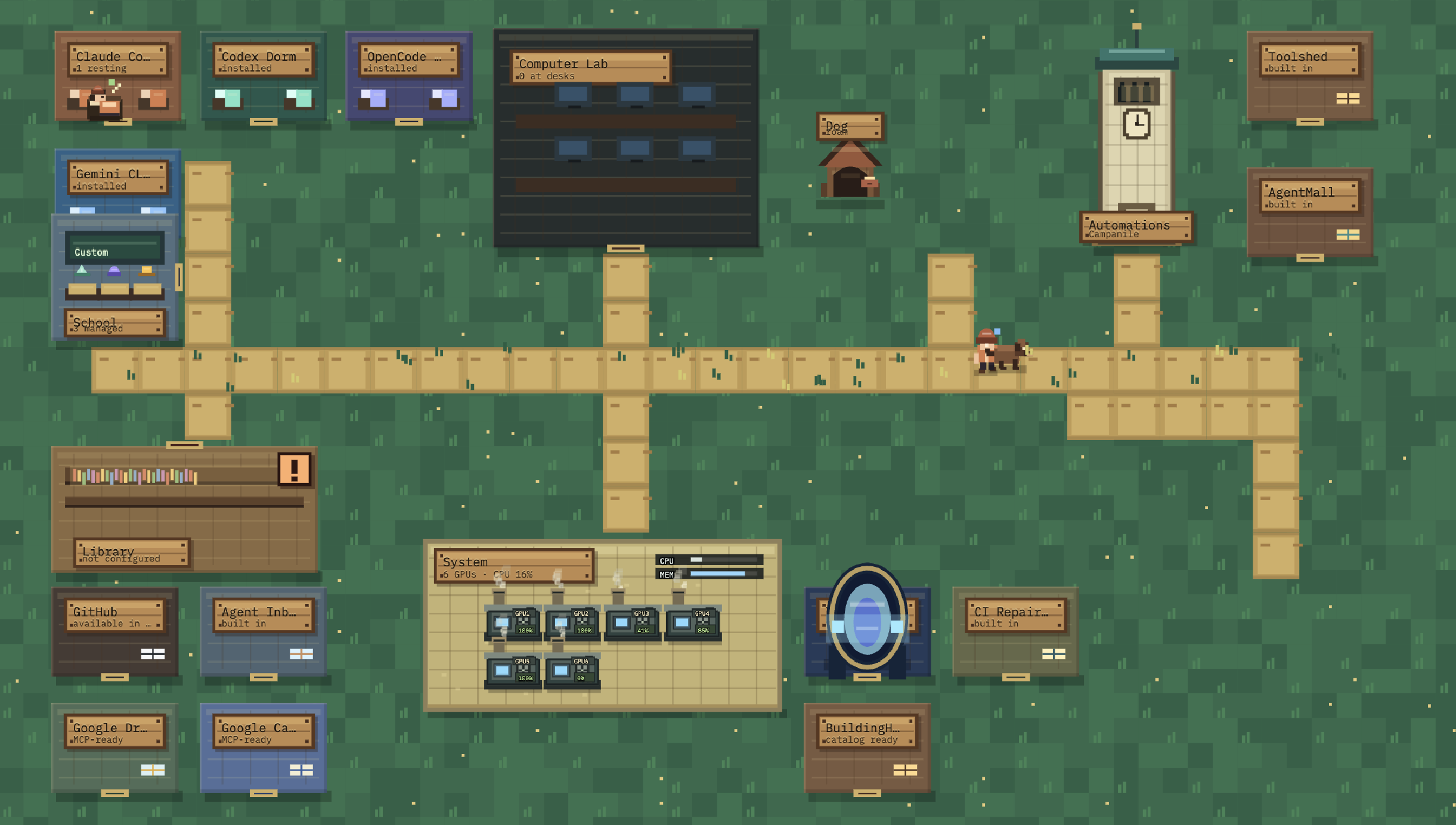 Pixel-art Swarmlab town with agent buildings, a system dashboard, and automation tools